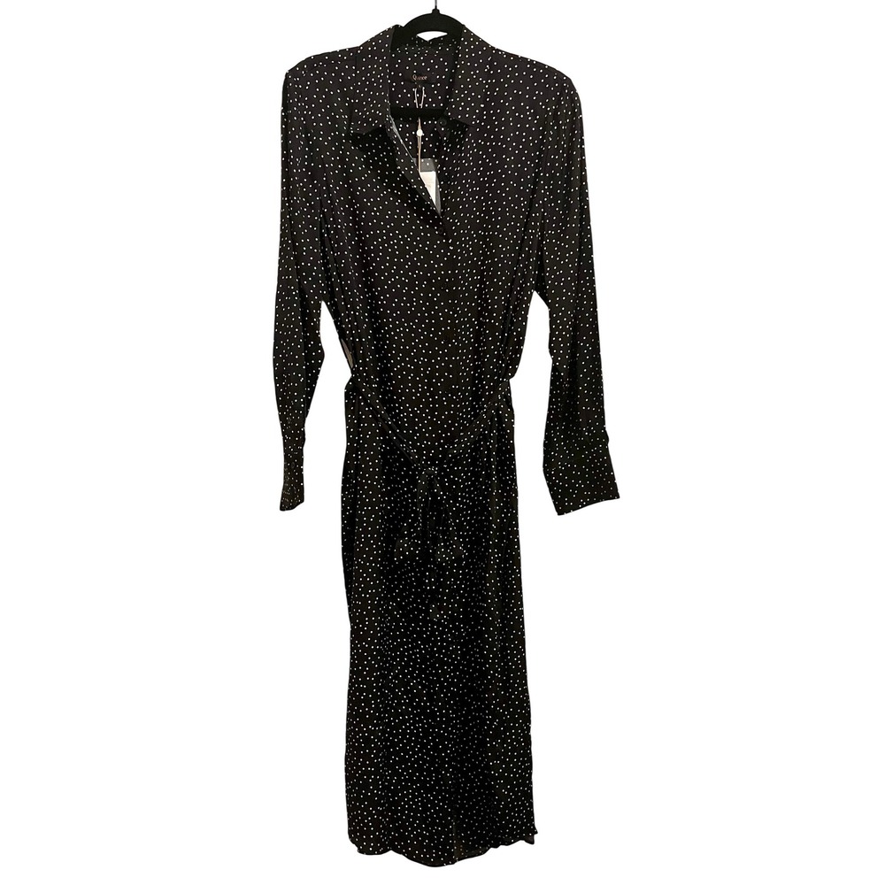 NWT Quince Silk Maxi Shirt Dress Black White Polka Dot Belted Size L - Picture 2 of 10